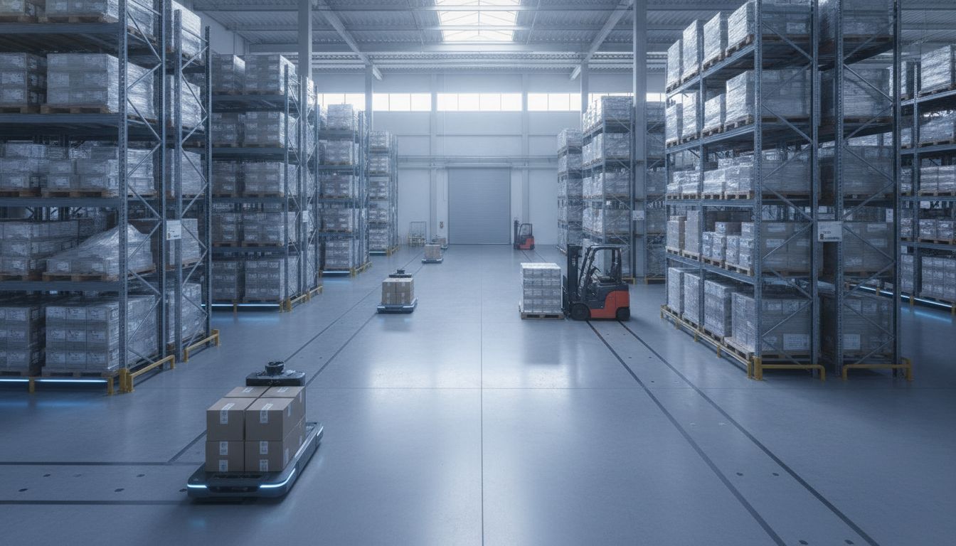 Industrial AMRs and autonomous forklifts operating in a modern warehouse